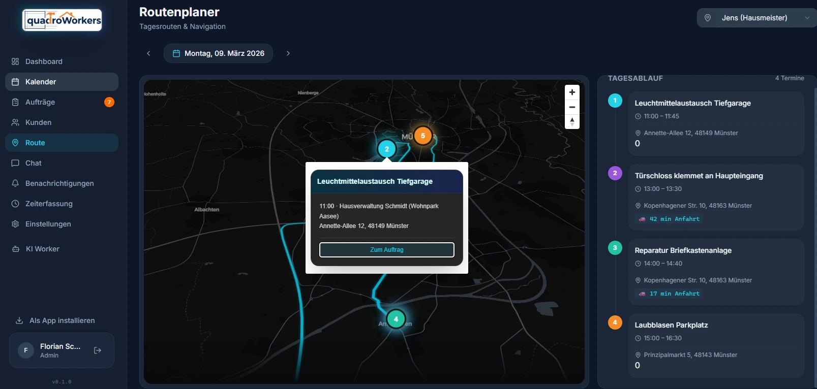 QuadroWorkers Auftragsübersicht – Kanban mit Status und Prioritäten
