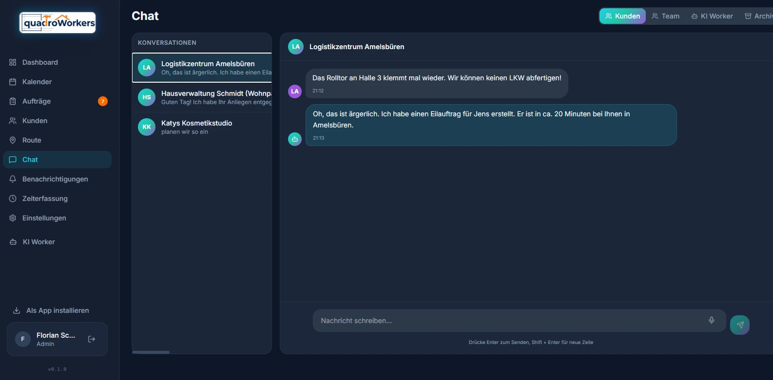 QuadroWorkers KI-Dispatcher – automatische Kundenkommunikation
