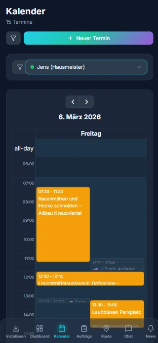 QuadroWorkers Kalender – mobile Tagesübersicht